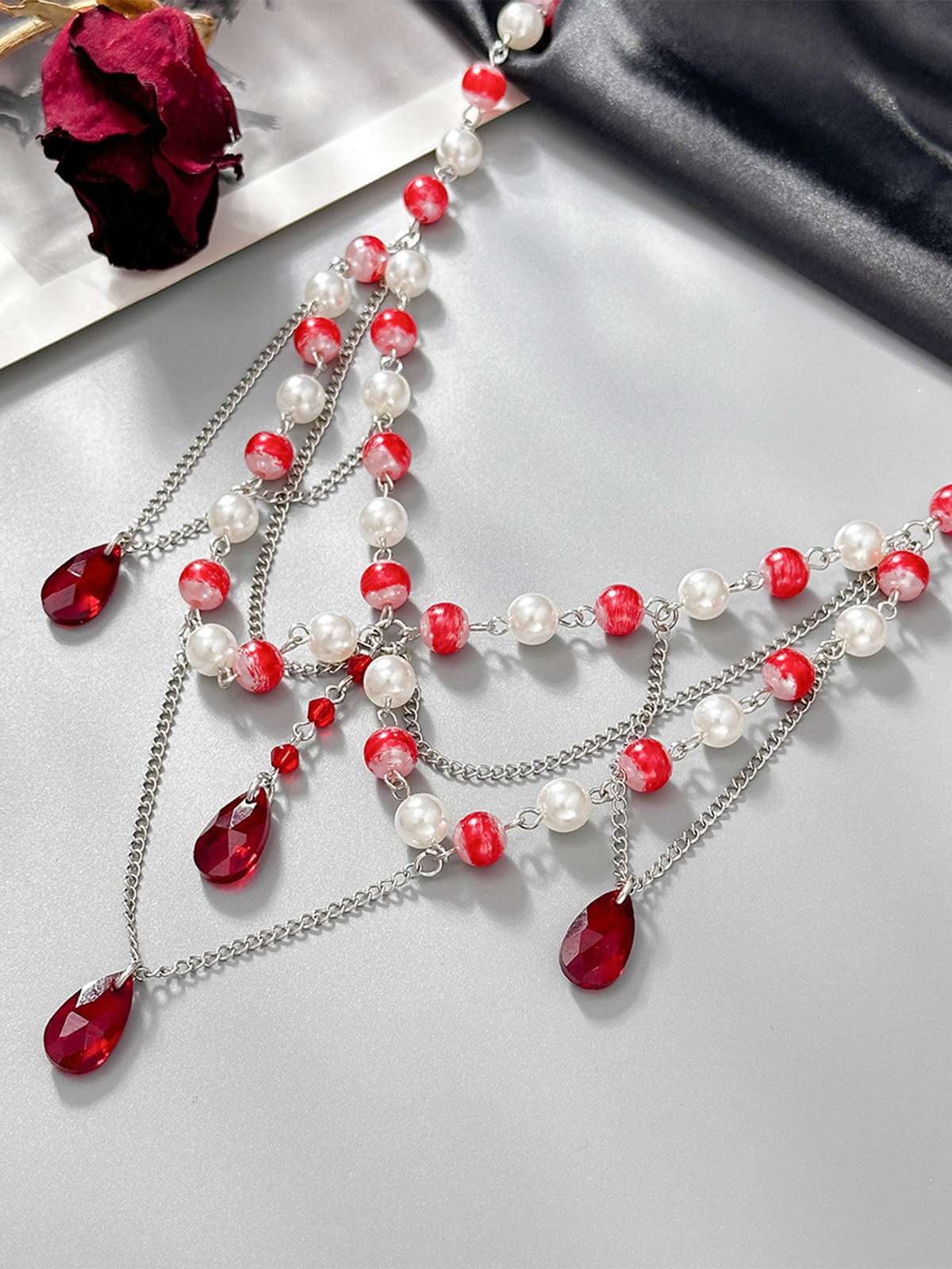 Vintage Faux Pearl & Ruby Blood Drop Necklace