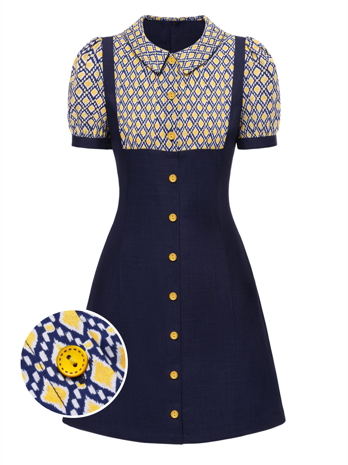 Blue 1960s Peter Pan Collar Diamond-Print Dress