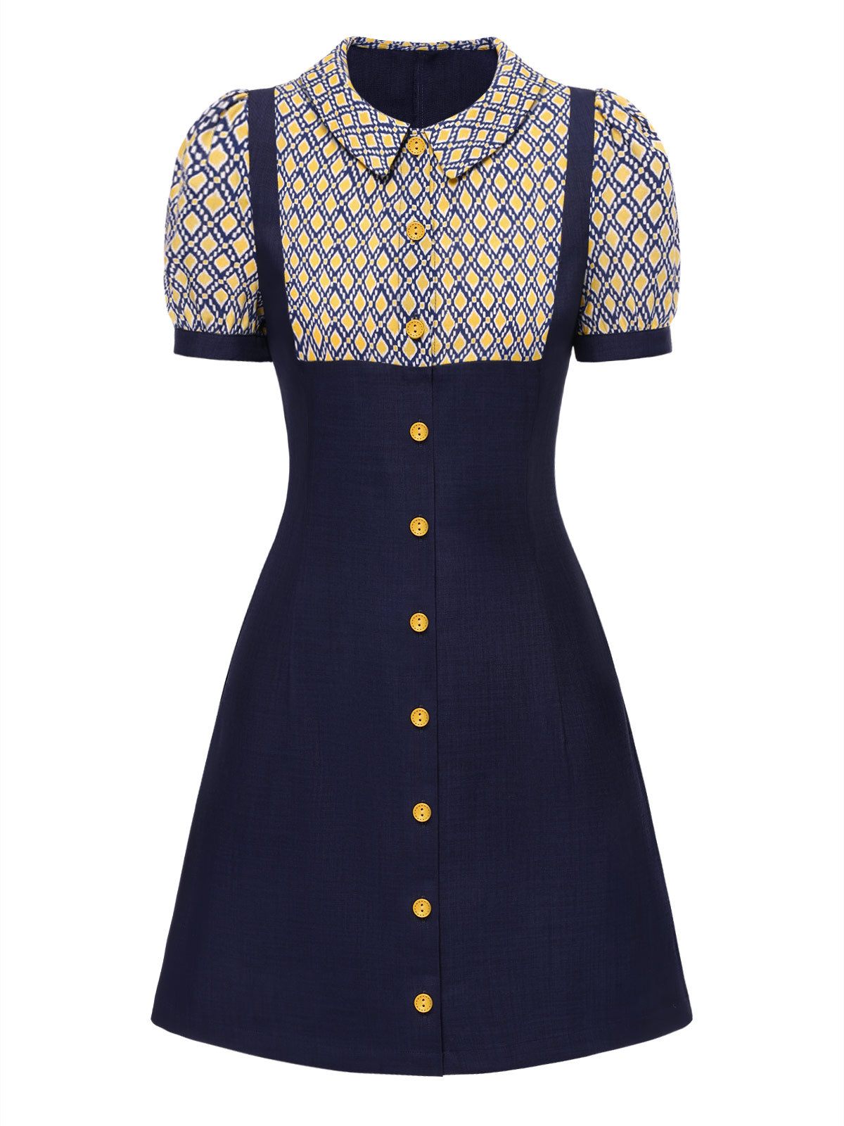 Blue 1960s Peter Pan Collar Diamond-Print Dress
