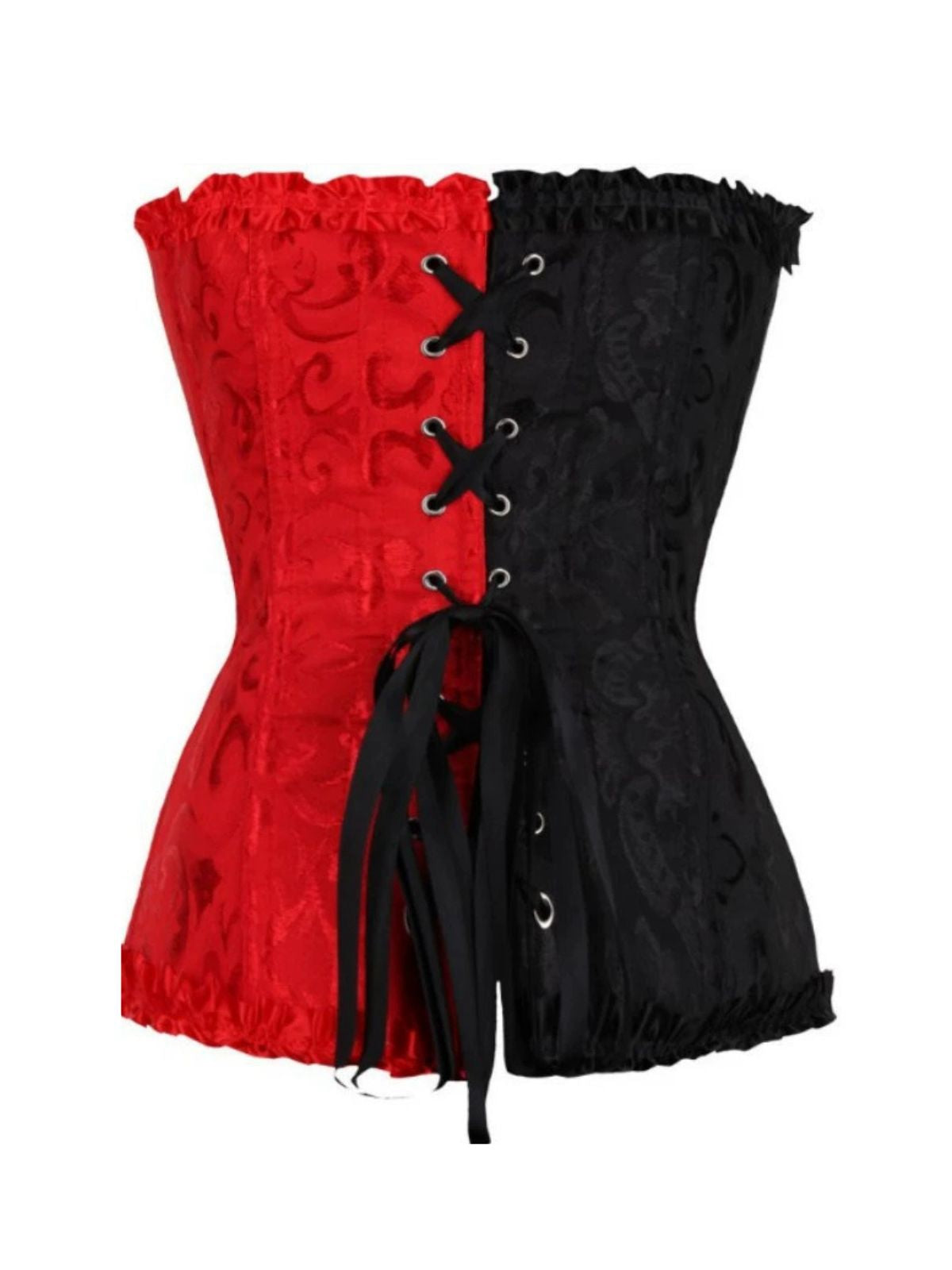 Black & Red 1980s Gothic Colorblock Jacquard Ruffled Corset