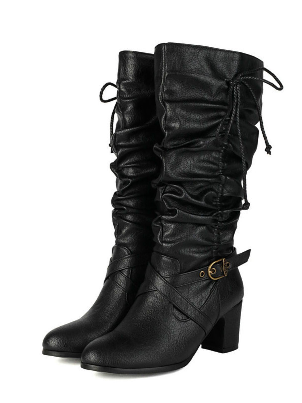 Vintage Solid Buckle Ruched Chunky Heels Boots