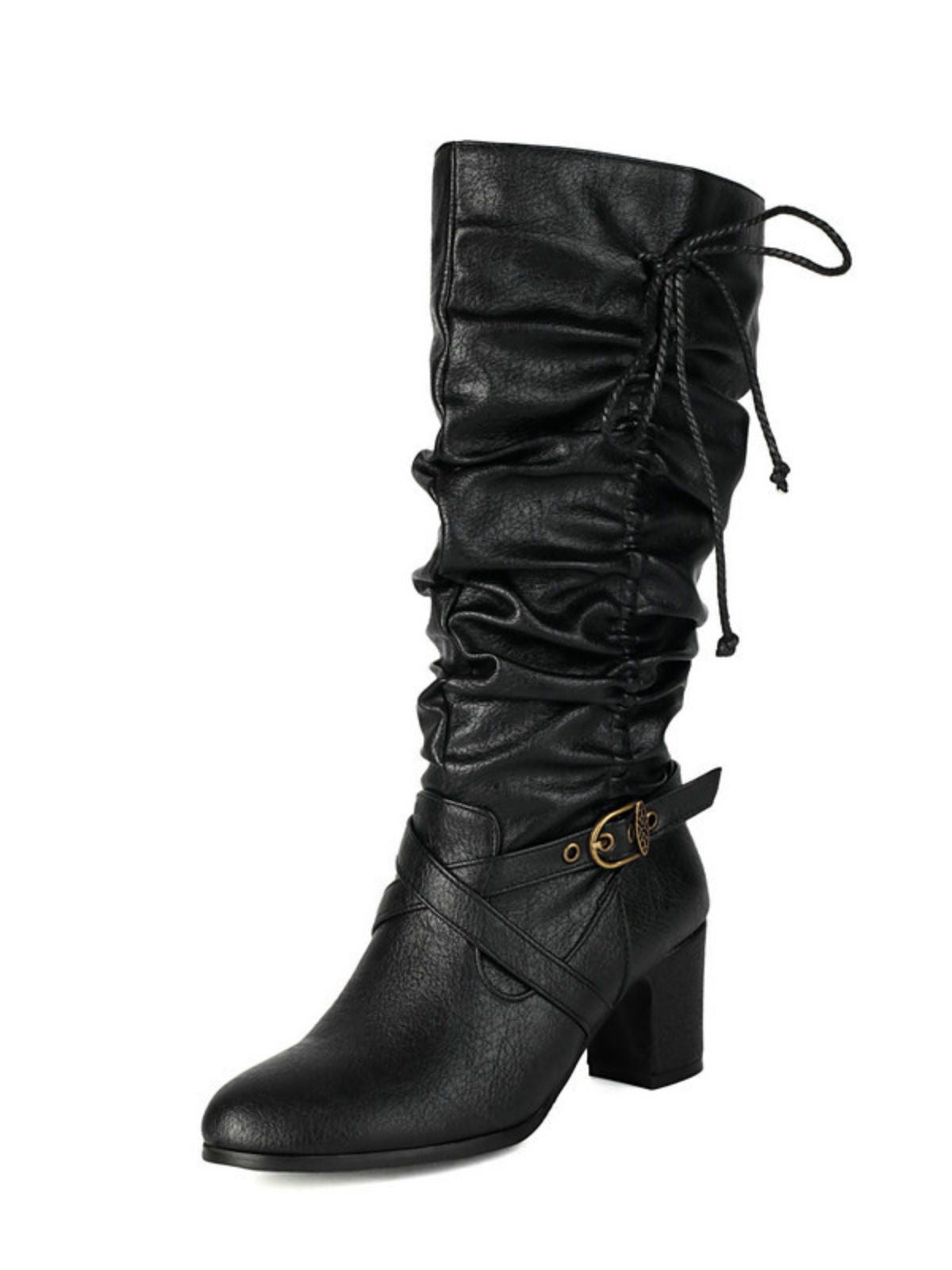 Vintage Solid Buckle Ruched Chunky Heels Boots