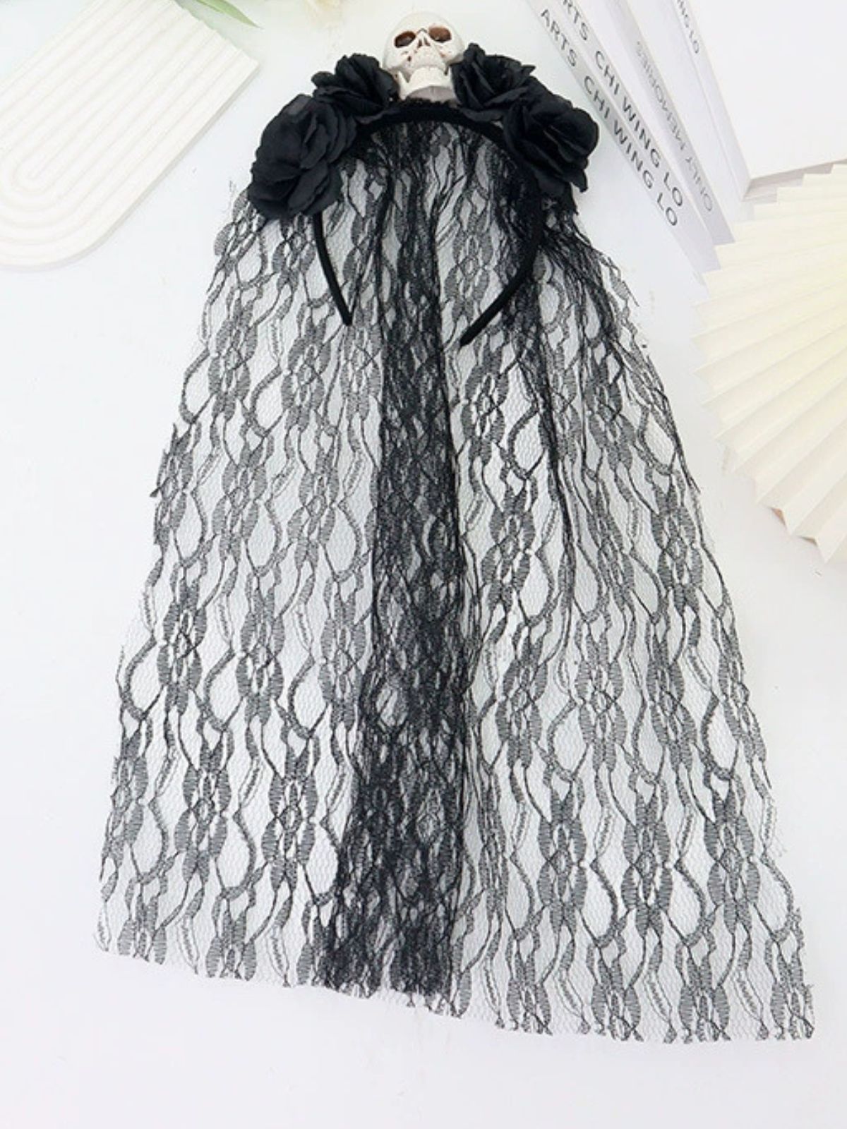 Vintage 3D Skull Roses Lace Veil Headband