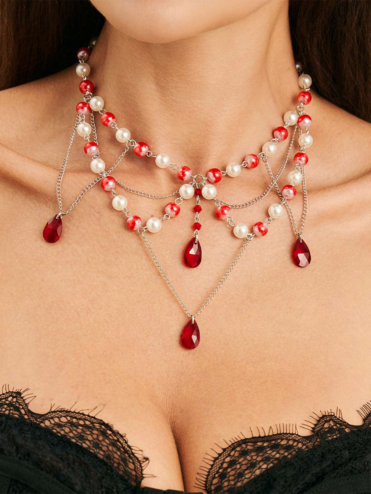 Vintage Faux Pearl & Ruby Blood Drop Necklace