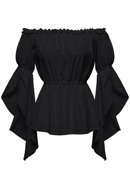 1930s Ruffled Bell Sleeve Off-Shoulder Solid Top