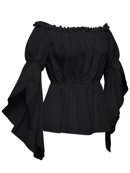 1930s Ruffled Bell Sleeve Off-Shoulder Solid Top