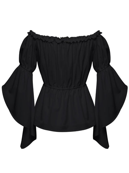 1930s Ruffled Bell Sleeve Off-Shoulder Solid Top