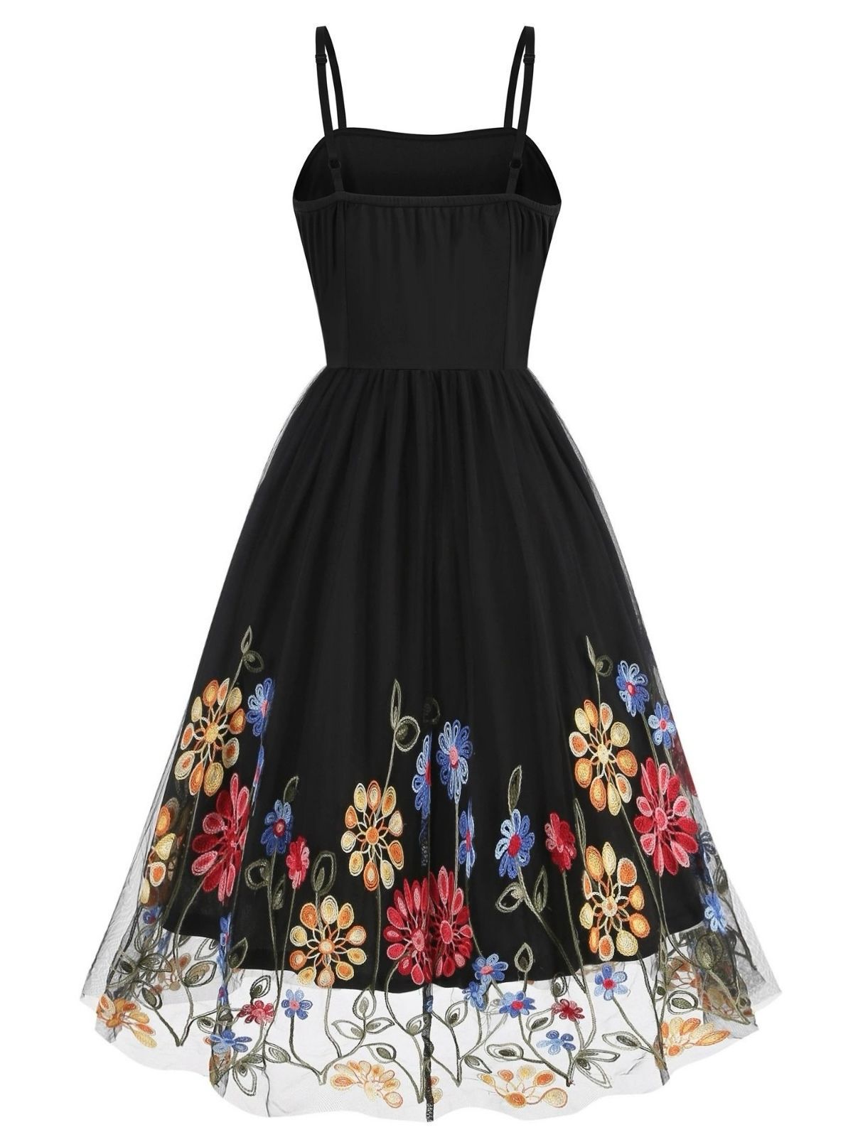 1950s Black Mesh Floral Embroidered Dress