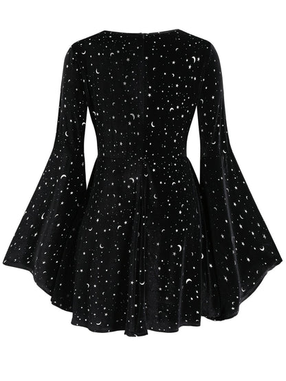 [Plus Size] Black 1960s Star V-Neck Velvet Dress