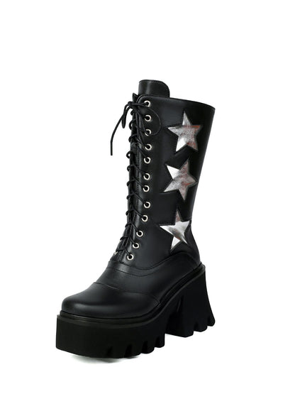 Vintage Steampunk Star Print Platform Mid-Calf Boots