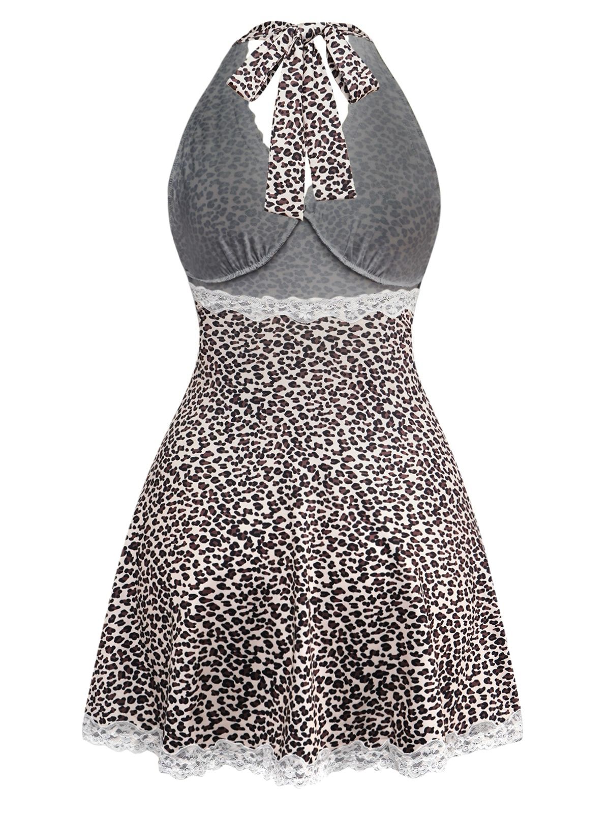 1960s Leopard Print Lace Trim Halter Nightgown