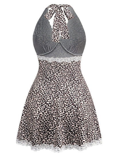 1960s Leopard Print Lace Trim Halter Nightgown