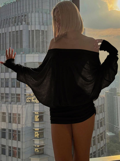 1960s Off Shoulder Ruched Batwing Mini Dress