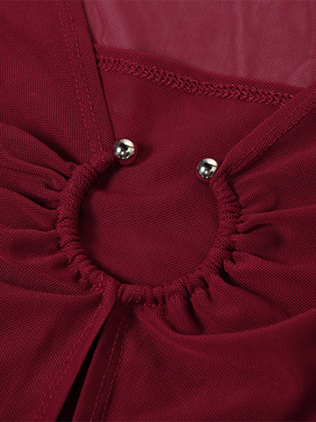 Wine Red 1970s Sheer Mesh Ruffle Maxi Dress