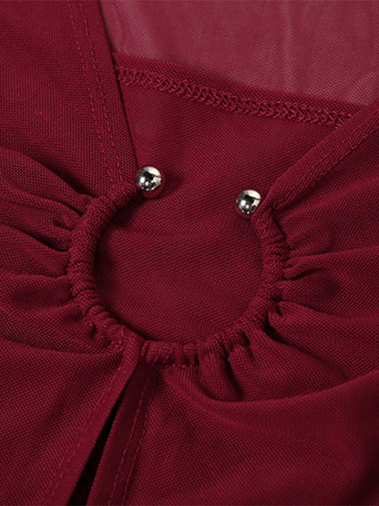 Wine Red 1970s Sheer Mesh Ruffle Maxi Dress