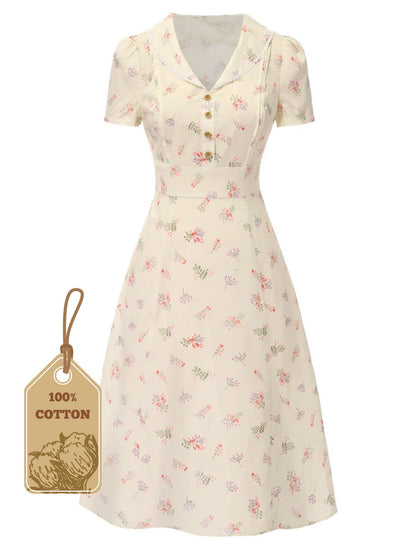 Pure Cotton Blue 1940s Puff Sleeves Floral Dress
