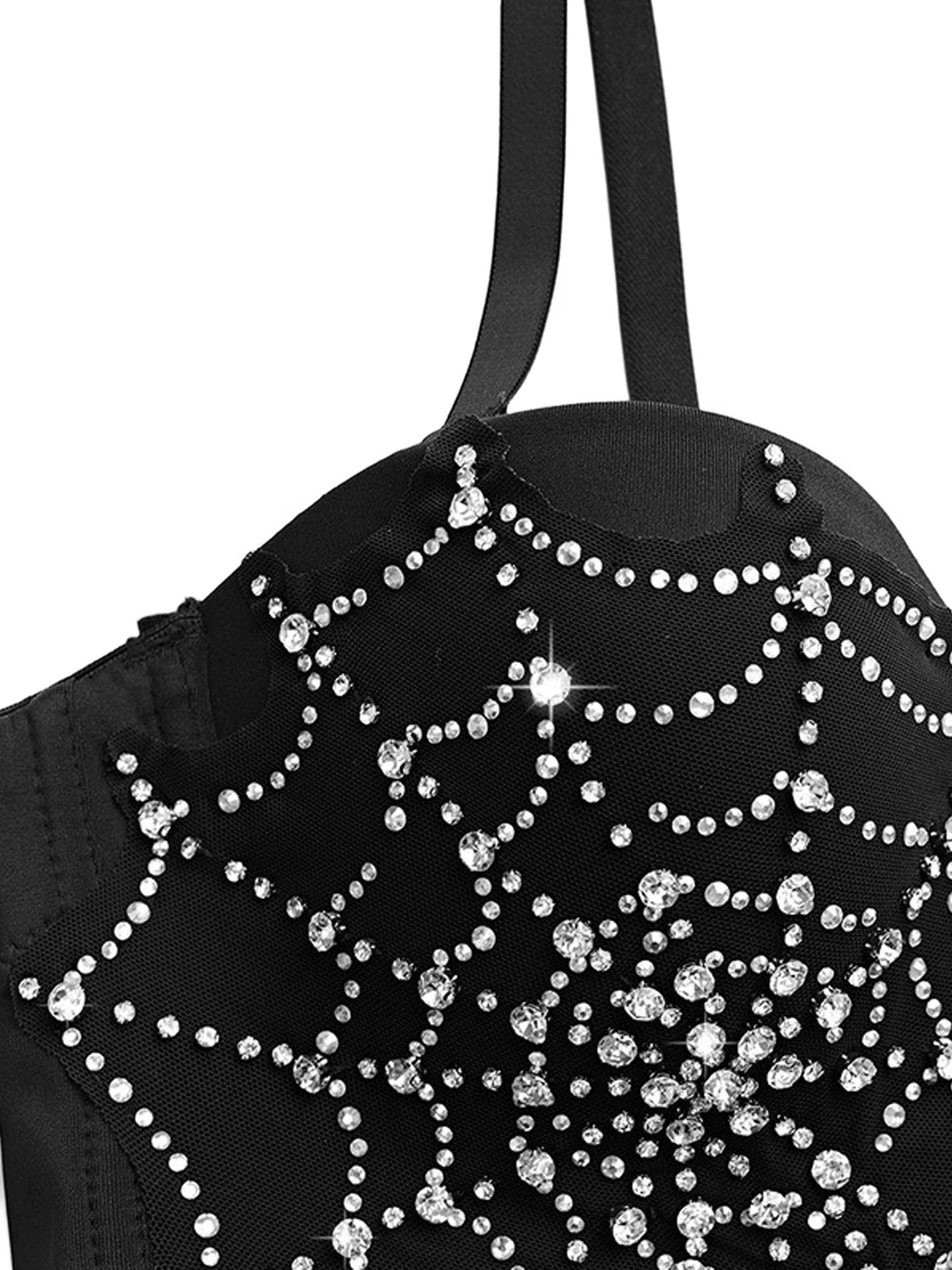 [Pre-Sale] Black 1970s Rhinestone Spider Web Crop Top