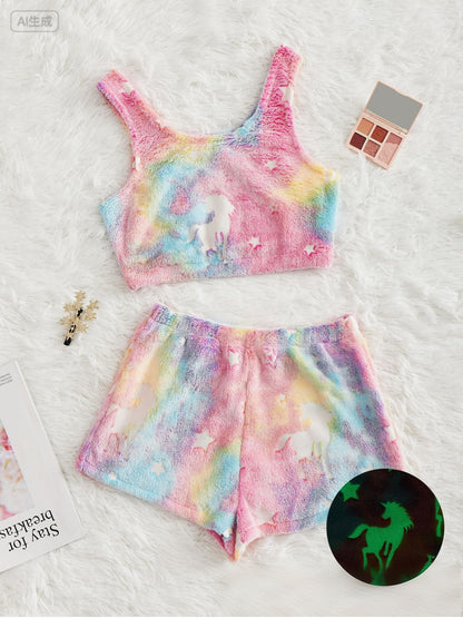 2PCS 1970s Glowing Colorful Print Flannel Pajama Set