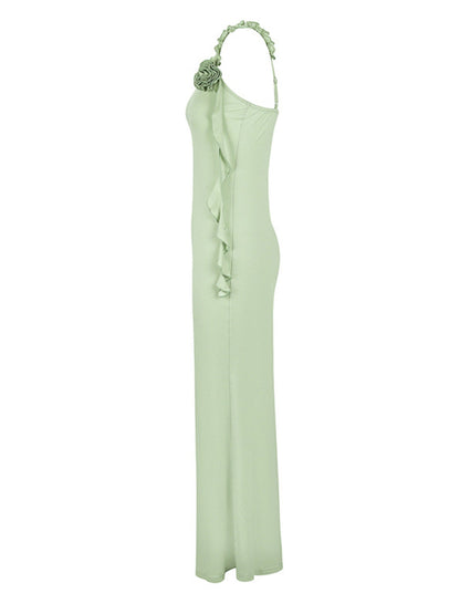 Green 1930s Spaghetti Strap 3D Flower Maxi Dress