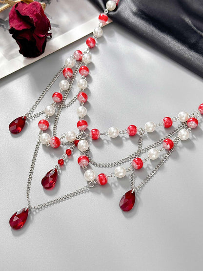 Vintage Faux Pearl & Ruby Blood Drop Necklace