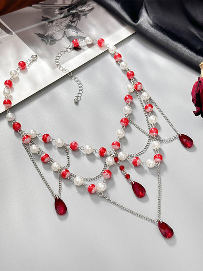Vintage Faux Pearl & Ruby Blood Drop Necklace