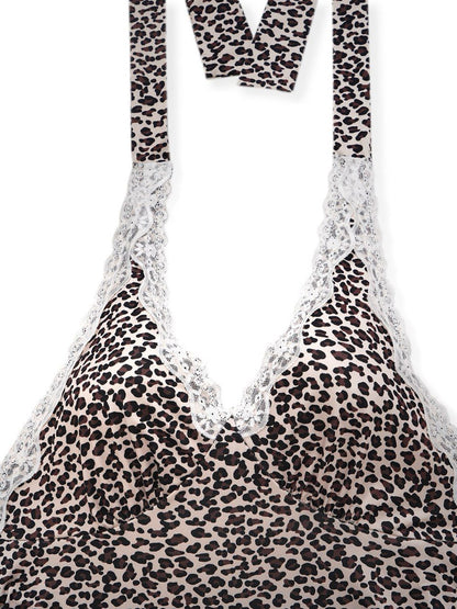1960s Leopard Print Lace Trim Halter Nightgown