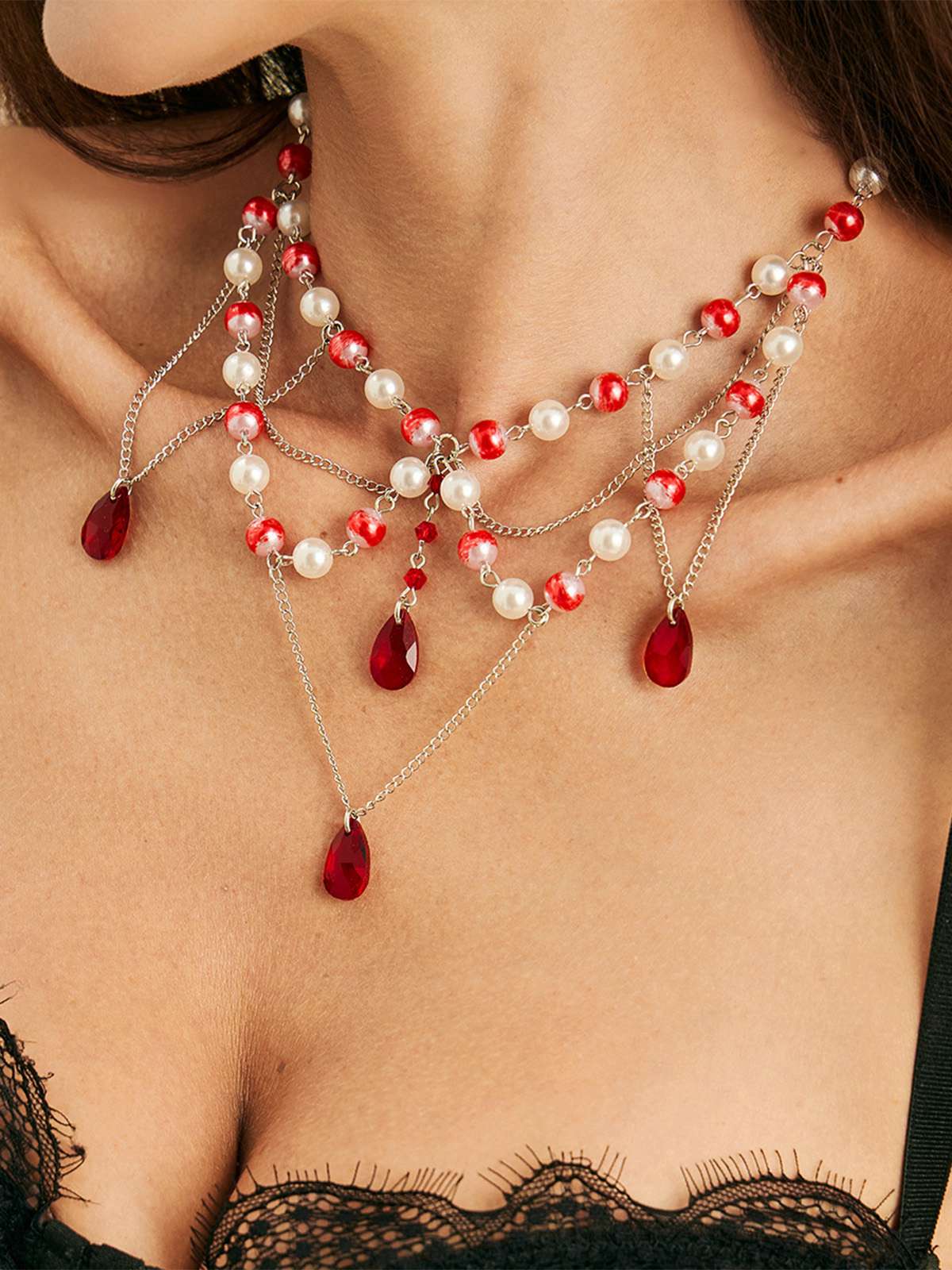 Vintage Faux Pearl & Ruby Blood Drop Necklace