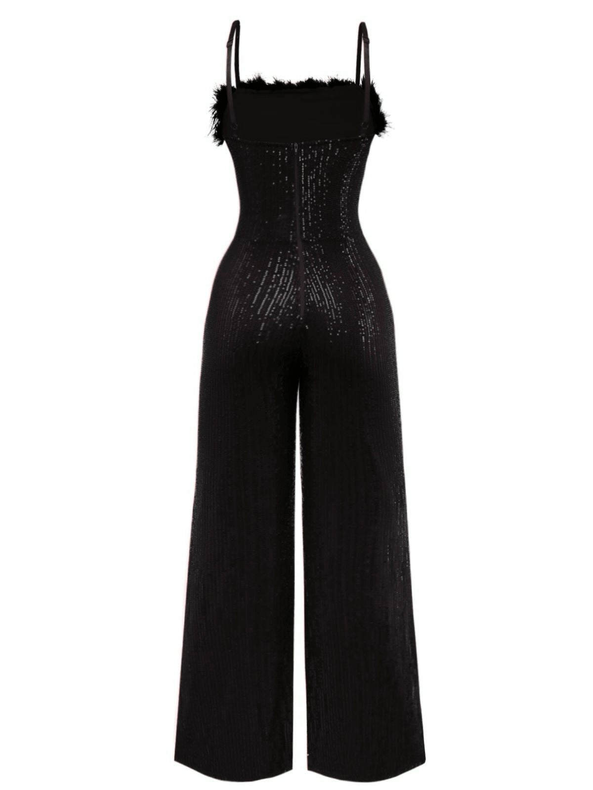 1970s Sequined Fur Trim Patchwork Spaghetti Strap Jumpsuit