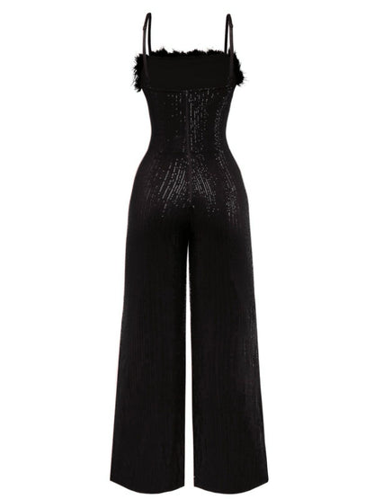 1970s Sequined Fur Trim Patchwork Spaghetti Strap Jumpsuit