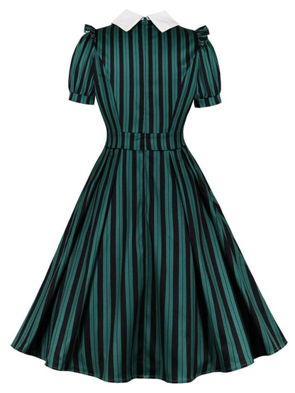 Green 1950s Striped Peter Pan Collar Swing Dress