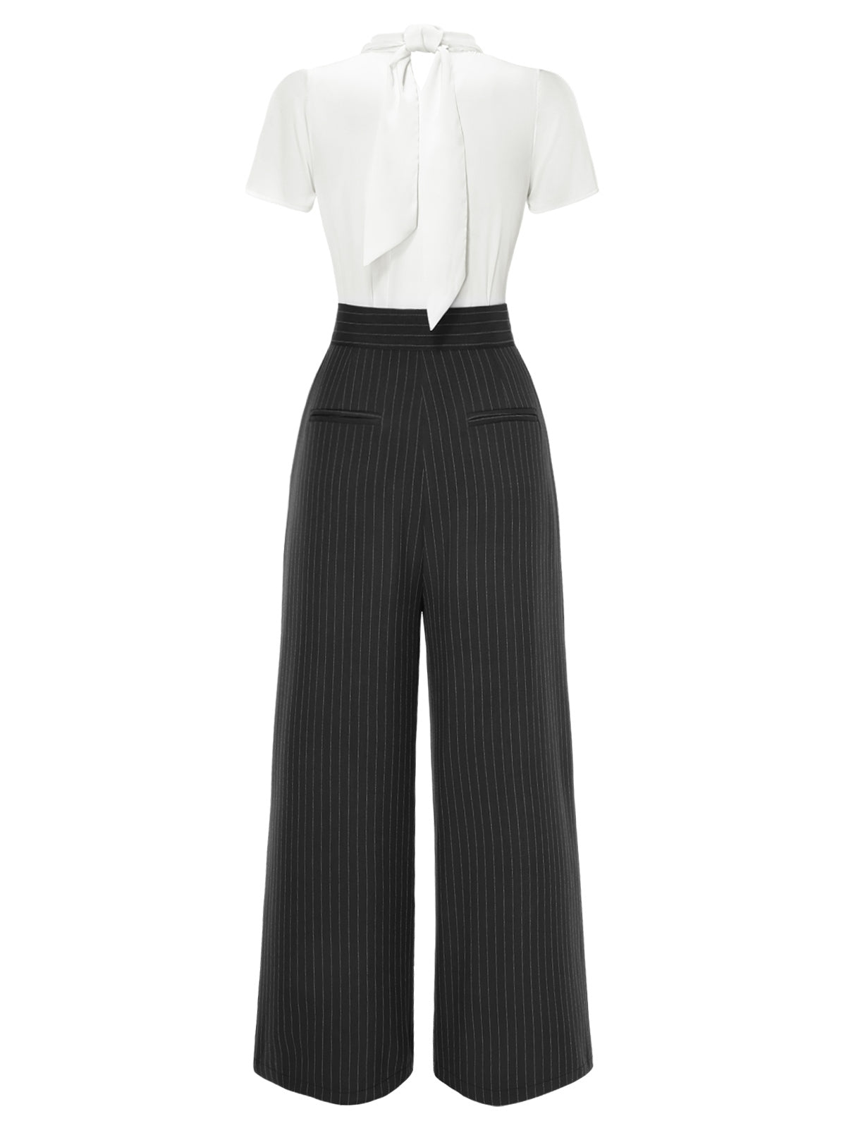 2PCS 1930s White Satin Blouse & Gray Pinstripes Pants