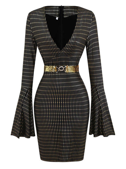 Black 1970s Bell Sleeve Sheer Belted Disco Dress