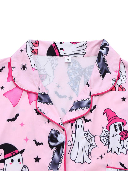Dark Pink 1970s Halloween Boo Print Pajama Set