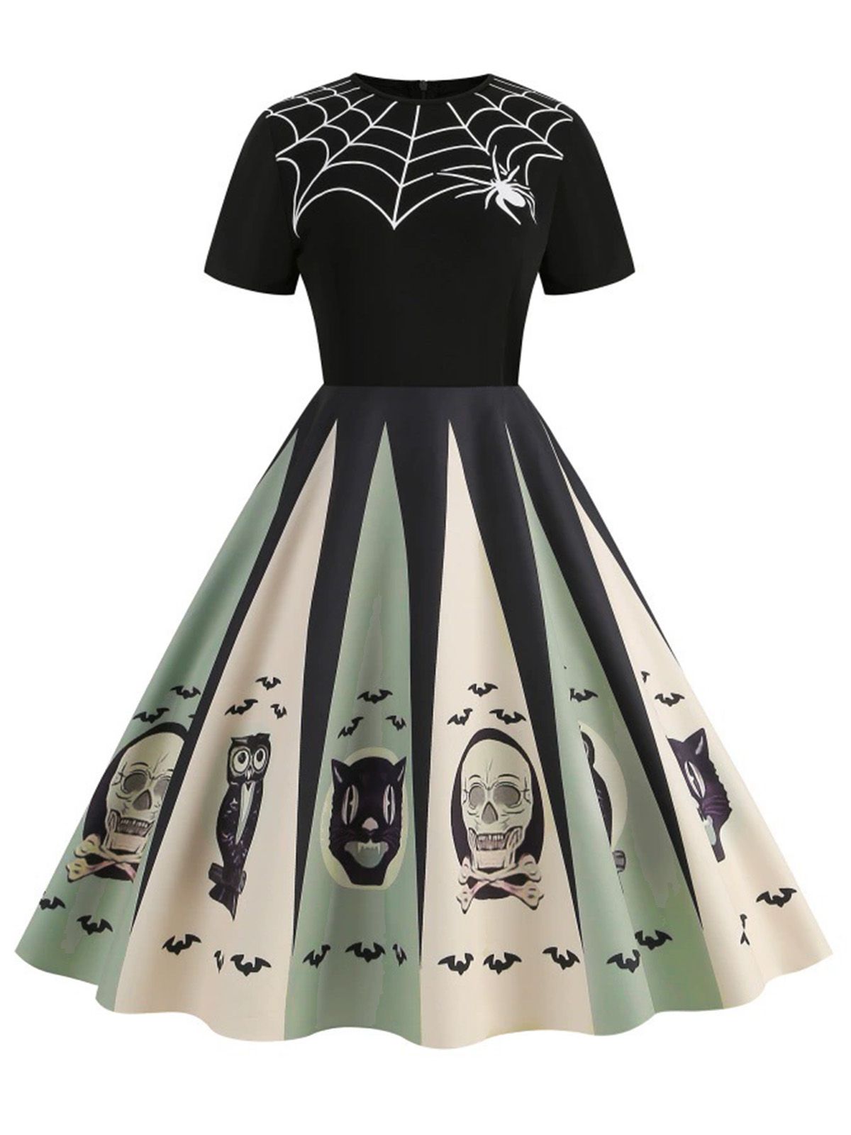 [Pre-Sale] 1950s Halloween Spider Web Print Patchwork Dress
