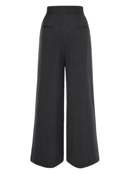 2PCS 1930s White Satin Blouse & Gray Pinstripes Pants