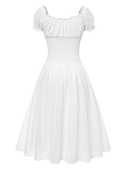 White 1940s Solid Cotton Embroidered Lace Dress
