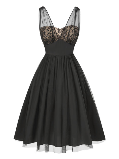 Black 1950s Lace Floral Mesh Swing Dress