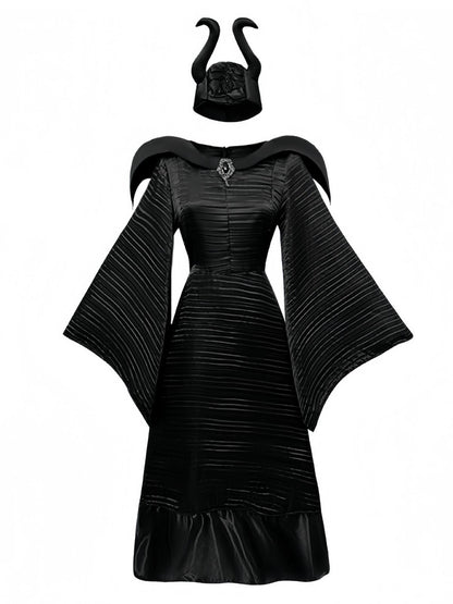 Black 1930s Halloween Maleficent Batwing Sleeve Dress Set