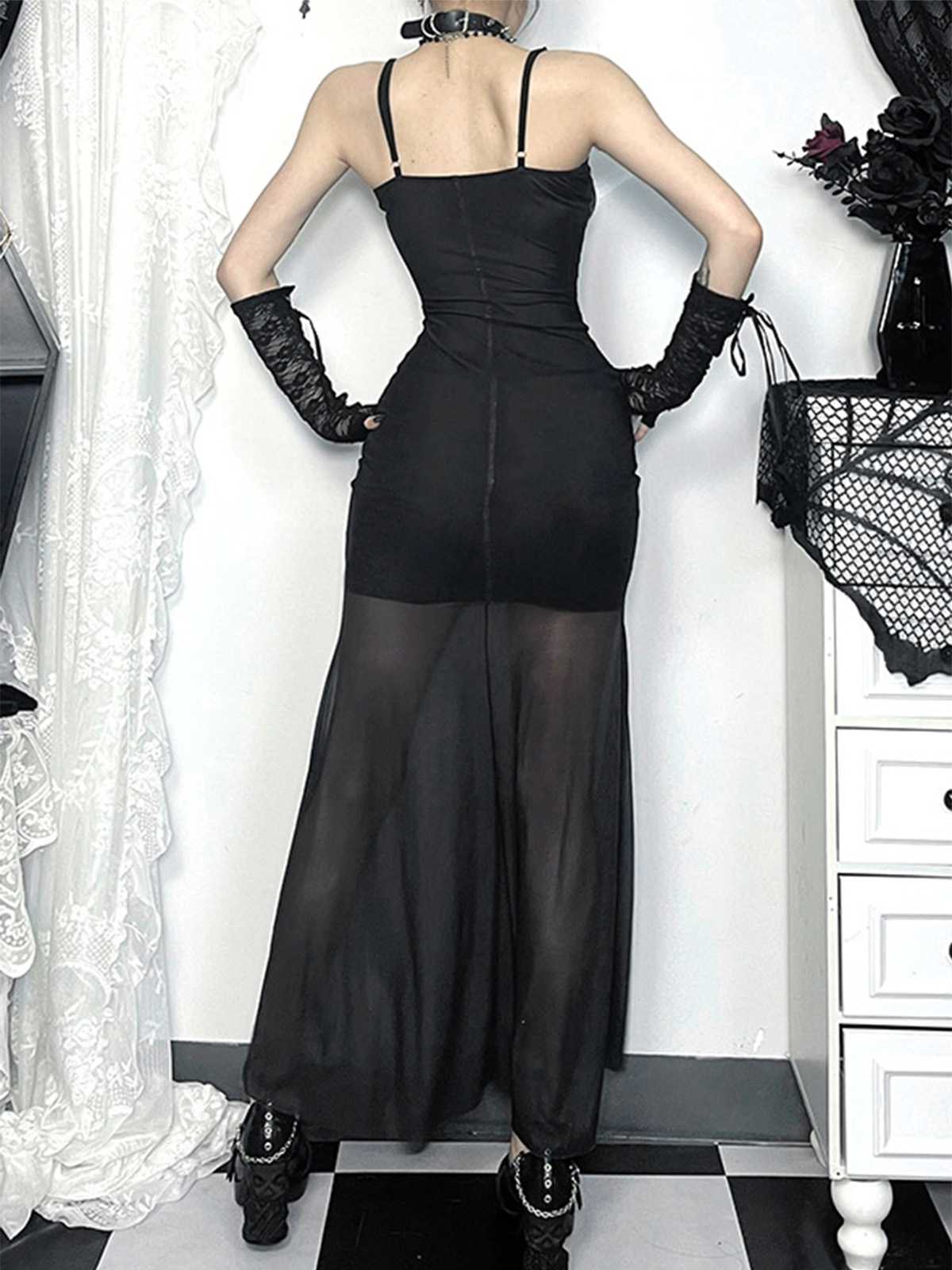 Black 1970s Slip Gothic Skeleton Print Mesh Dress
