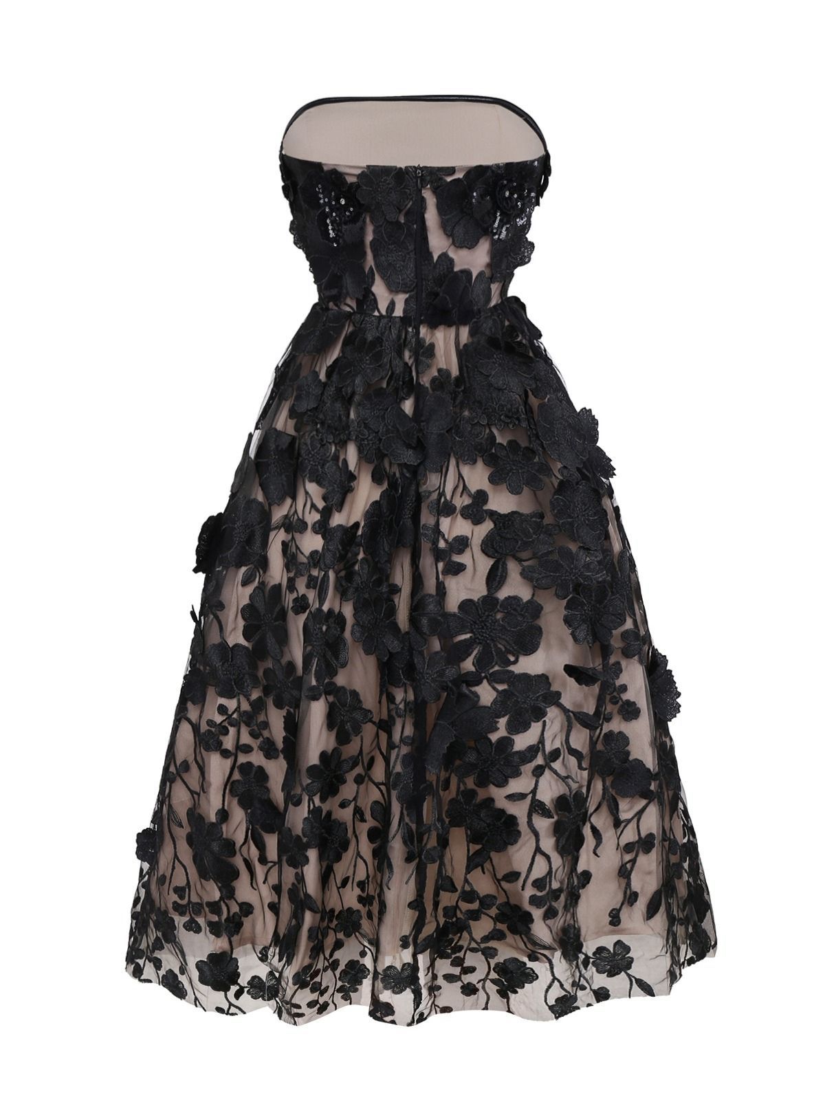Black 1950s Bandeau Mesh 3D-Floral Patchwork Dress