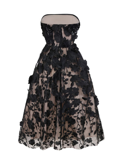 Black 1950s Bandeau Mesh 3D-Floral Patchwork Dress