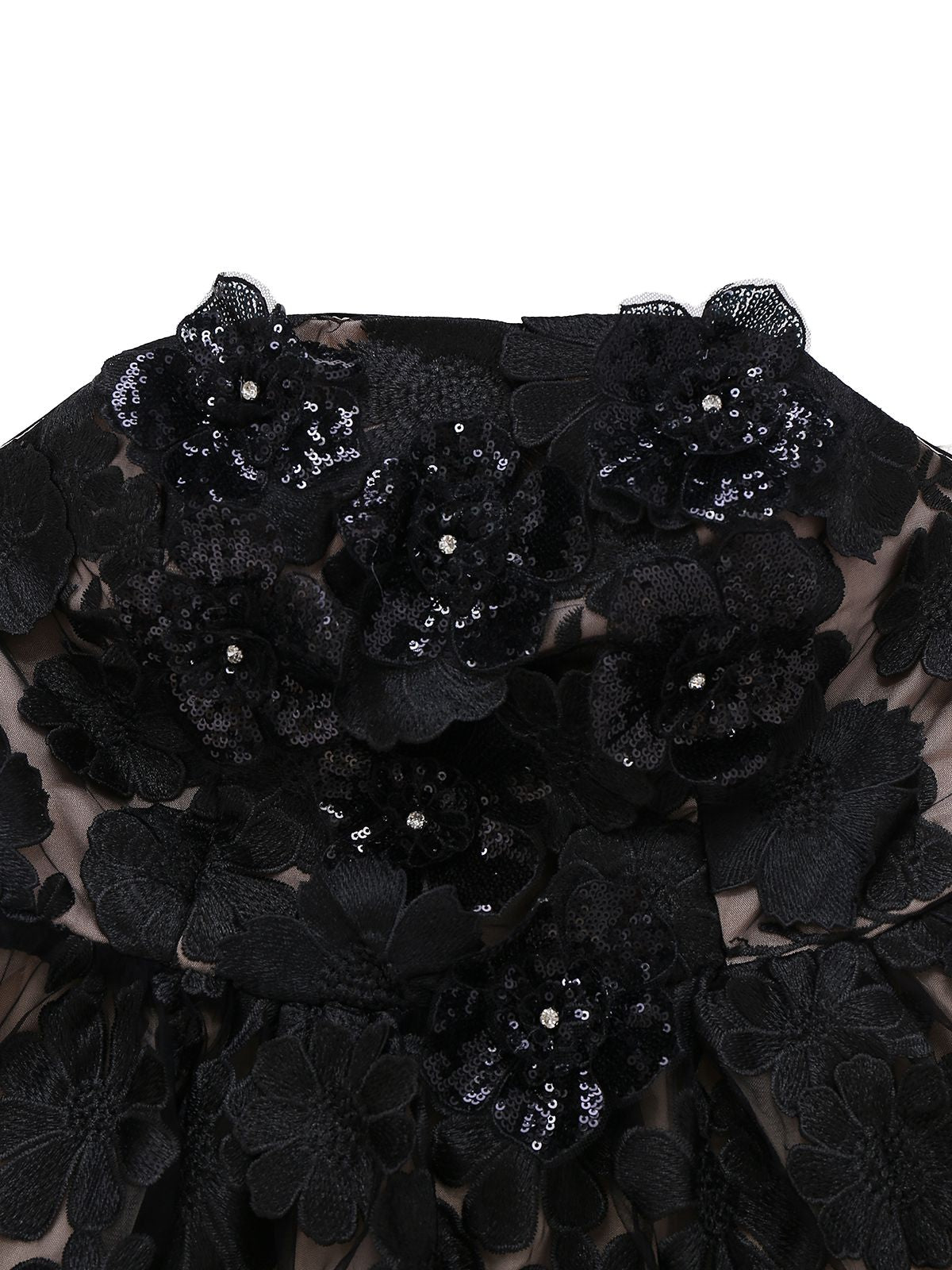 Black 1950s Bandeau Mesh 3D-Floral Patchwork Dress