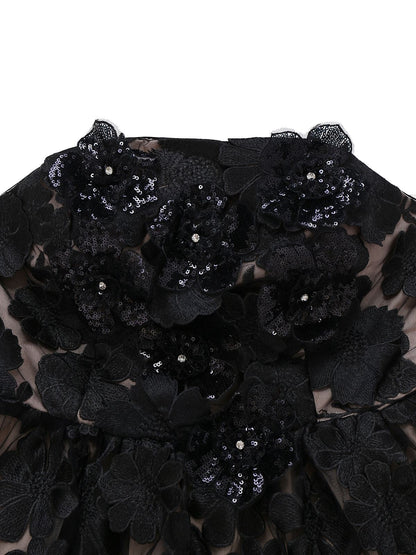 Black 1950s Bandeau Mesh 3D-Floral Patchwork Dress