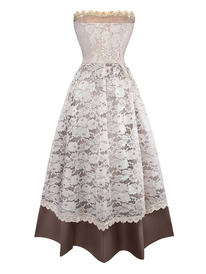 Beige 1930s Halloween Vampire Bride Lace Dress Set