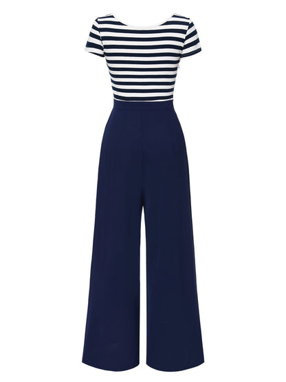Red 1950s Hollow Bow Stripe Patchwork Jumpsuit