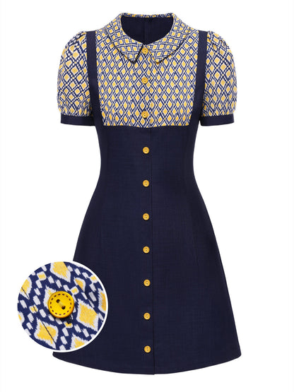 Blue 1960s Peter Pan Collar Diamond-Print Dress
