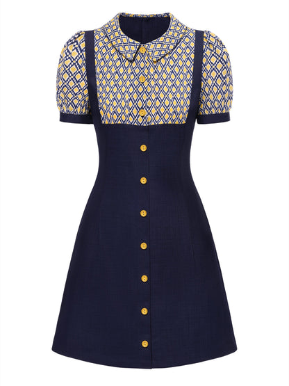 Blue 1960s Peter Pan Collar Diamond-Print Dress