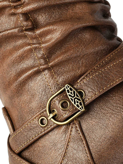 Vintage Solid Buckle Ruched Chunky Heels Boots