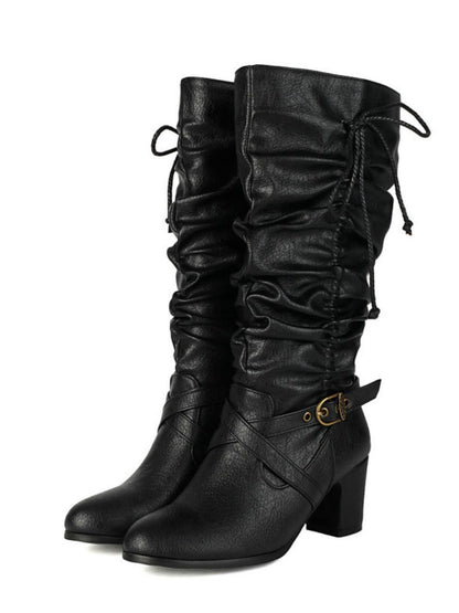 Vintage Solid Buckle Ruched Chunky Heels Boots