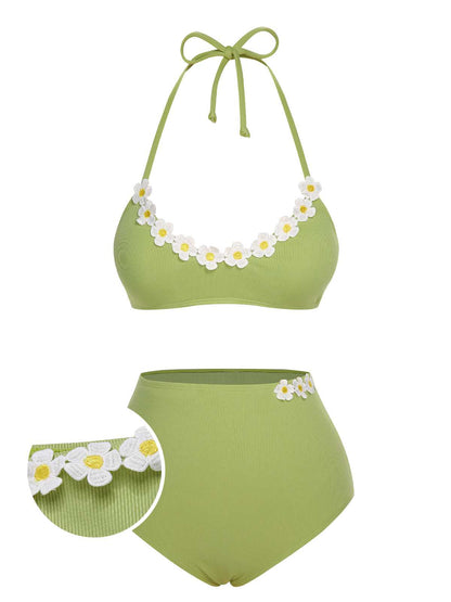 ‍Light Green 1960s Halter Knit Daisy Swimsuit (60% off)